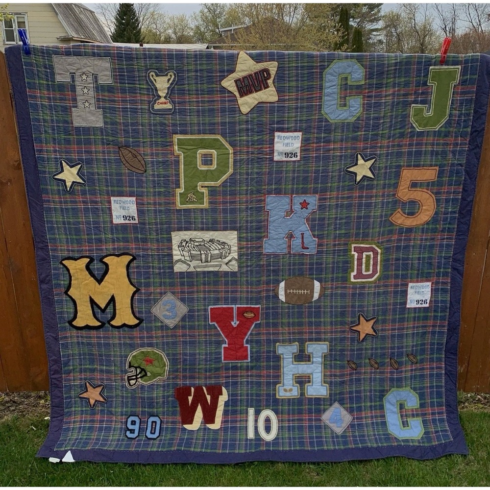 Pottery Barn Kids Varsity Sports Plaid Quilt Blue Letterman Patches Football MVP